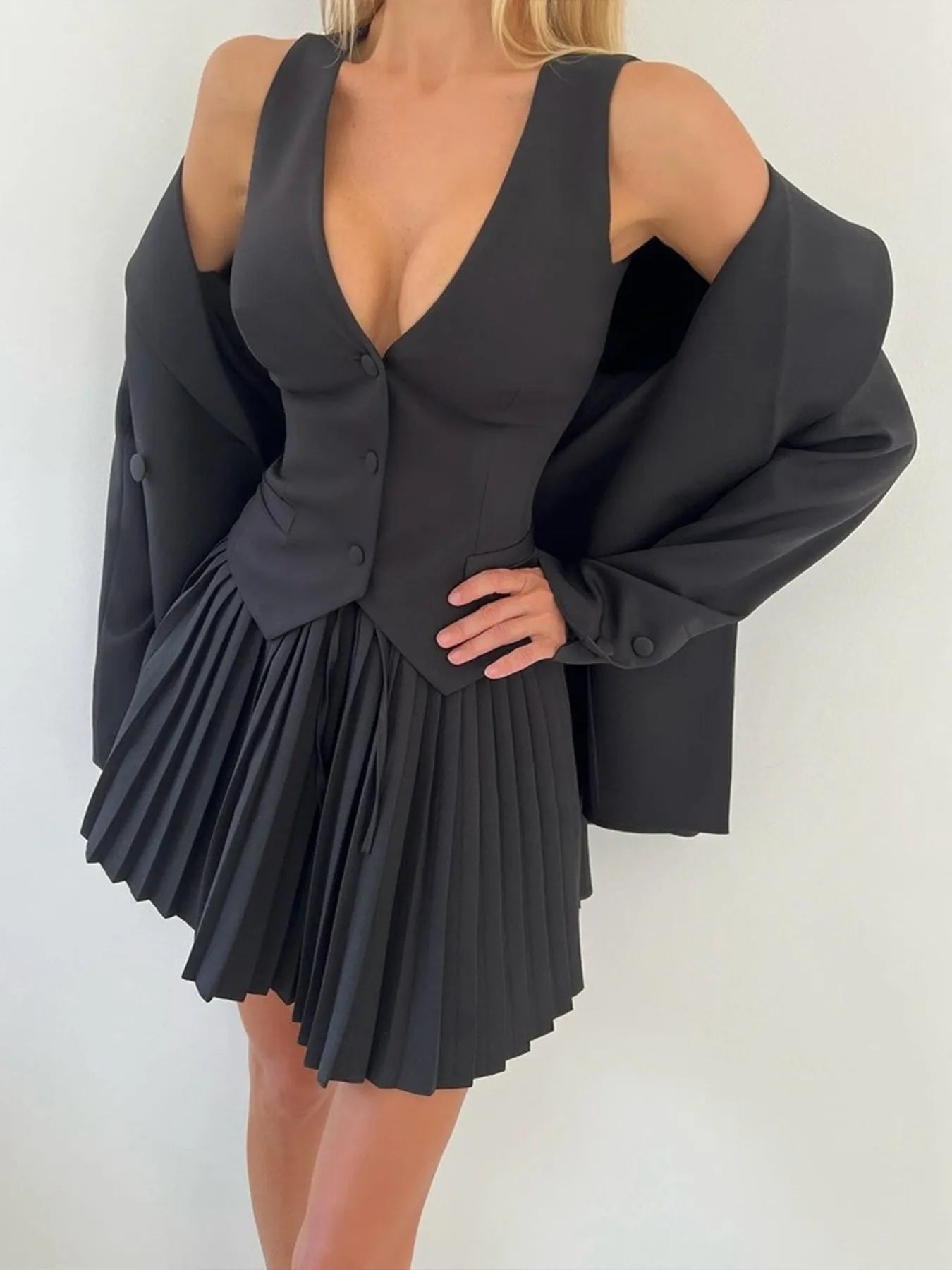 Button Up Vest and Pleated Mini Skirt Set