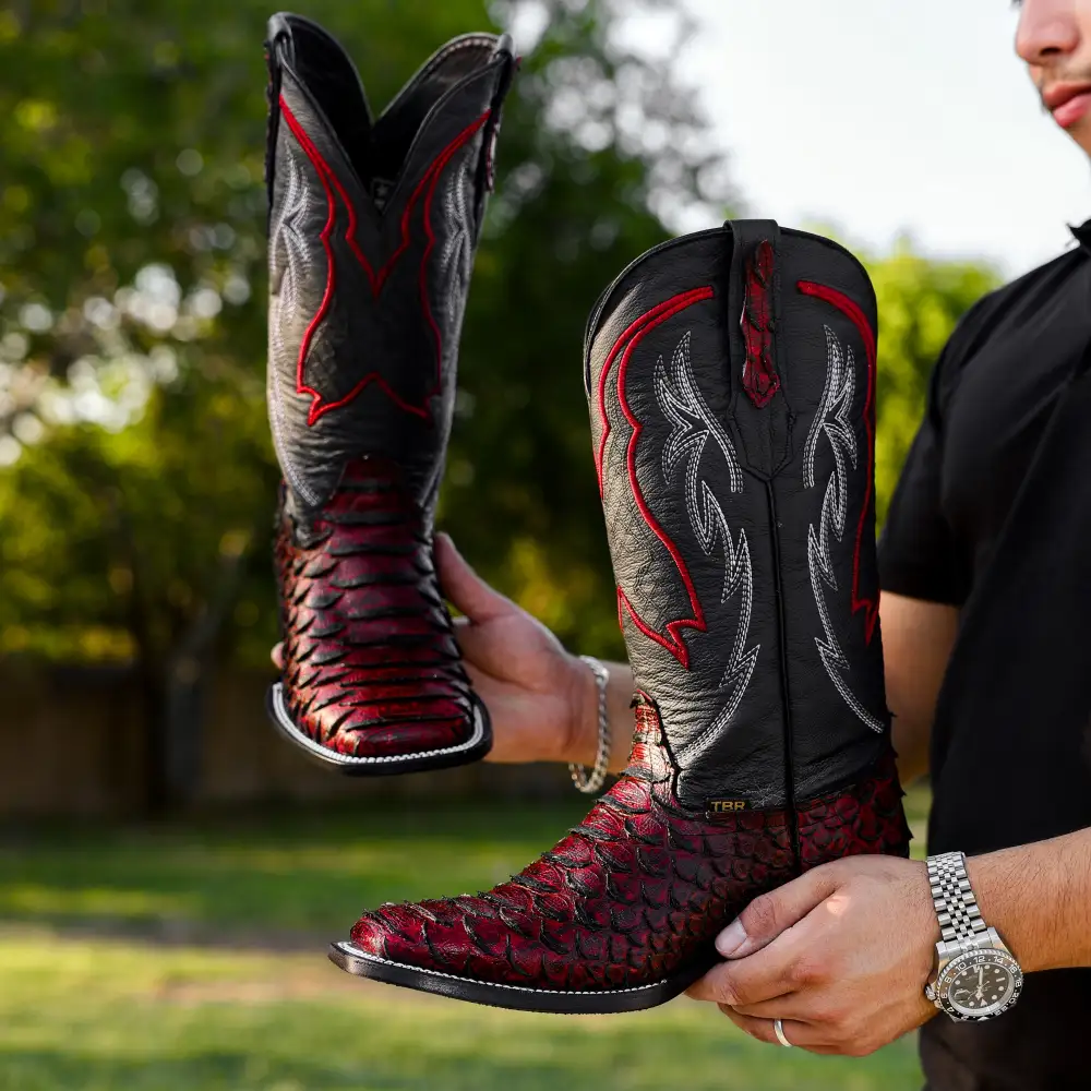 Black Cherry Python Leather Boots - Square Toe
