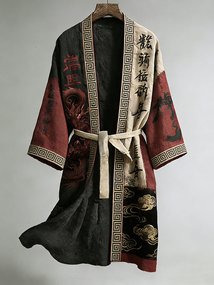 Japanese Calligraphy And Dragon Art Combined In A Linen Blend Kimono