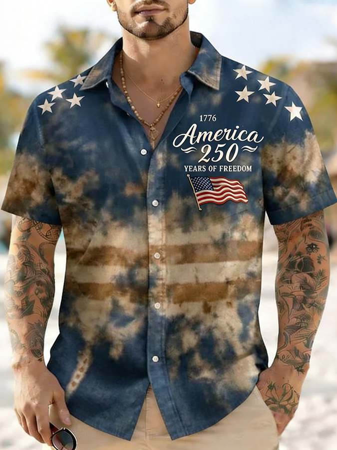 Men'S Casual American Eagle Flag Five Pointed Star Tie Dye Art Printed Shirt