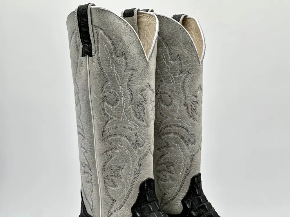 Men’s Black Rustic Caimán Leather Boots With Pearl White Shaft