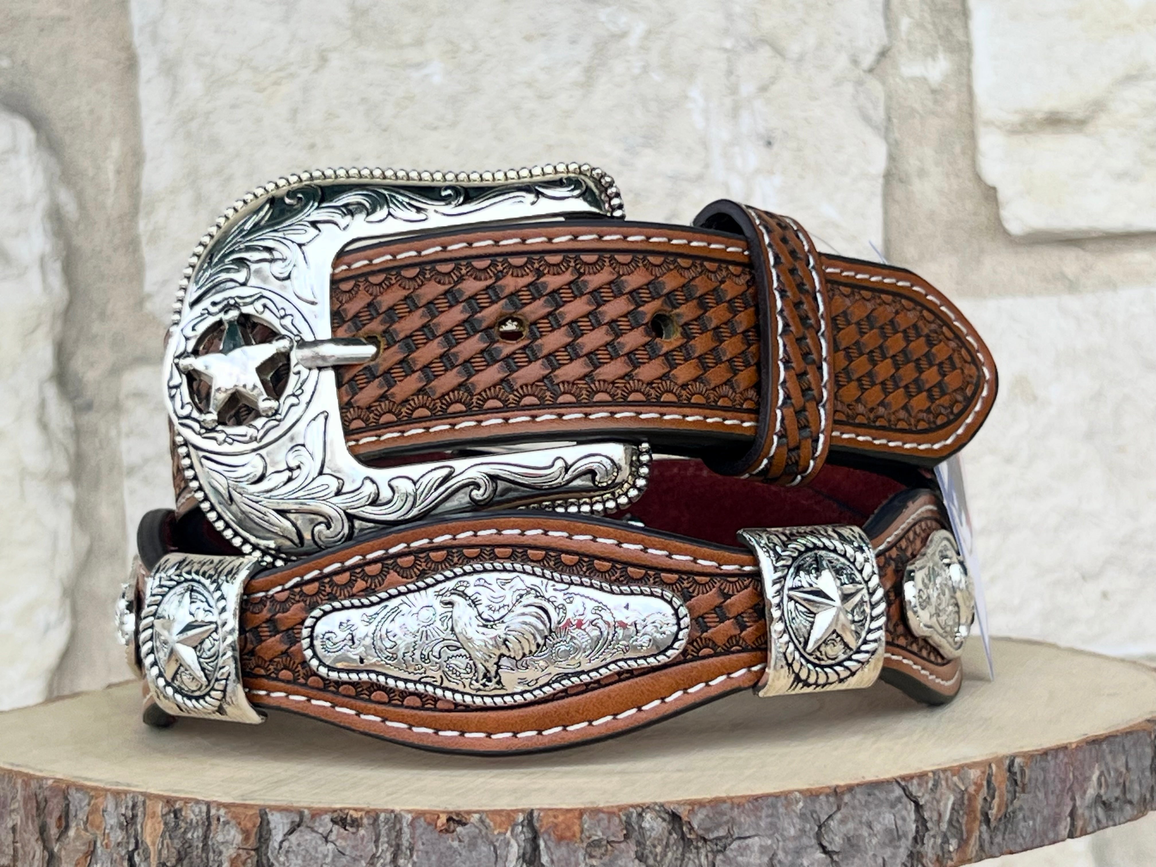 Men’s Honey Leather Belt With Rooster Concho