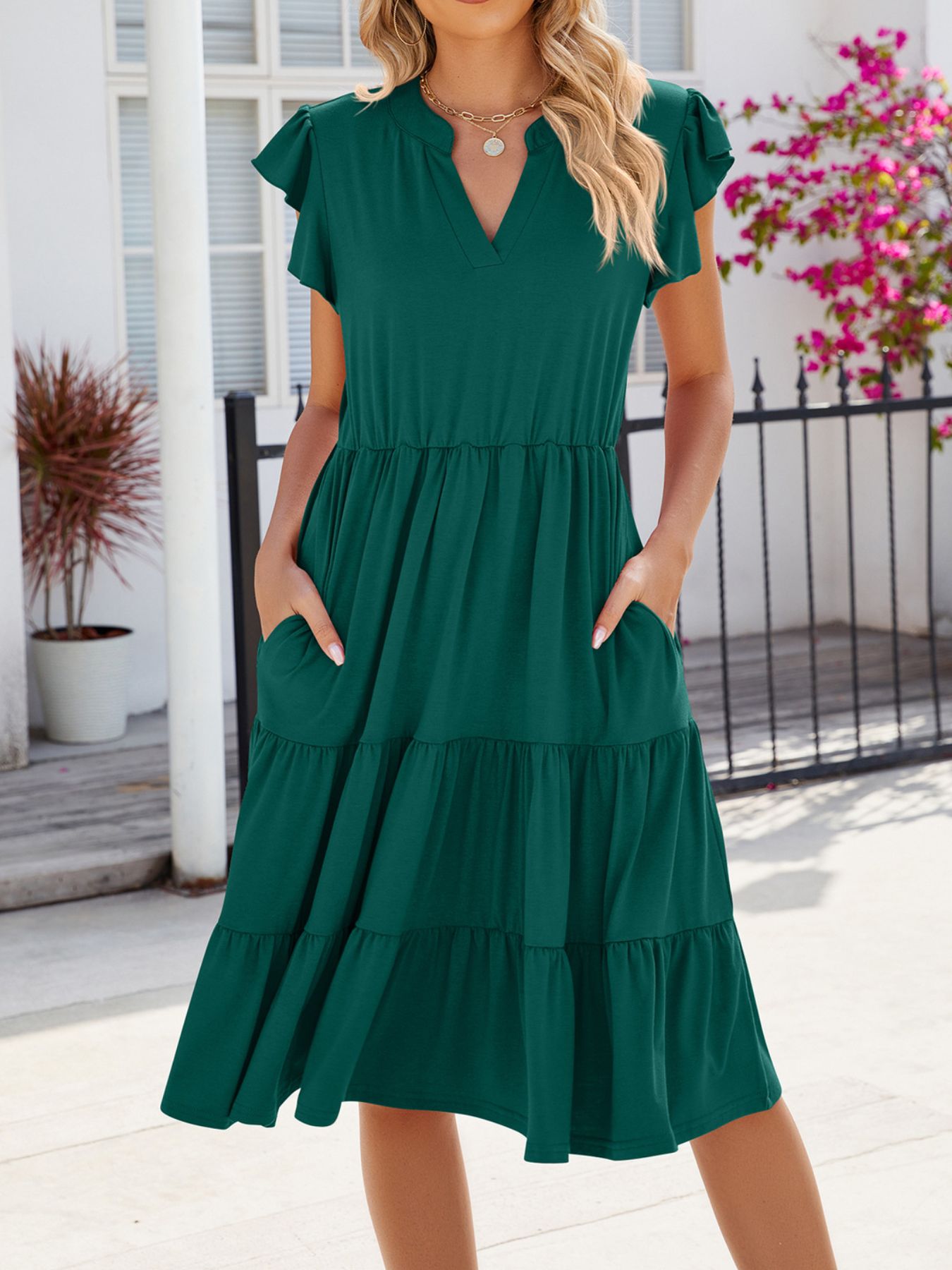Ruffled Notched Tiered Midi Dress