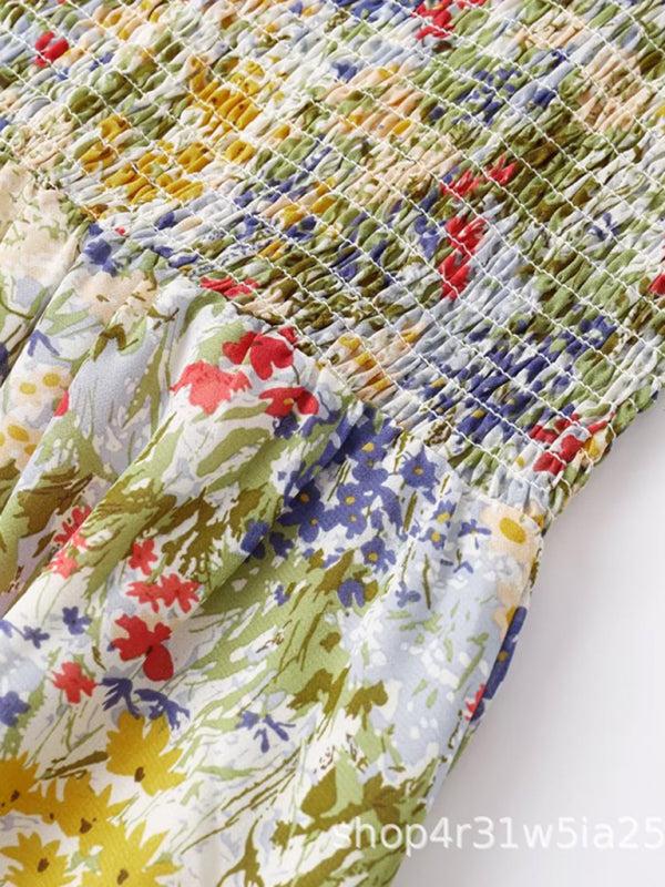 French Resort Style Pleated Elastic Waisted A-Line Skirt Floral Lace Mid-Length Dress