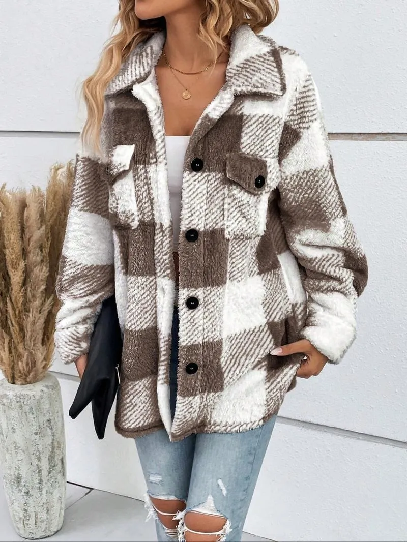 Women's Plaid Print Button Front Fuzzy Coat