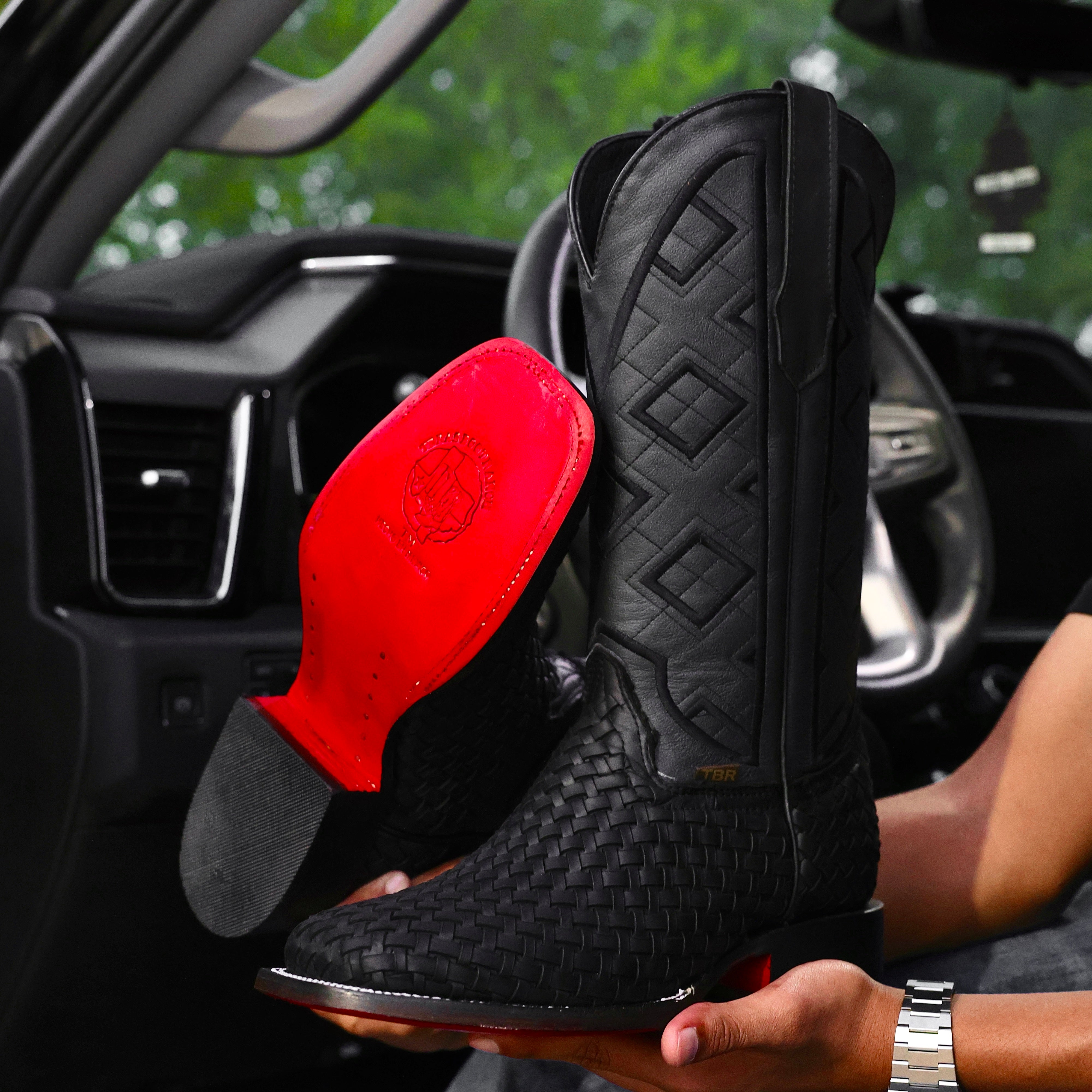 Black Basketweave Leather Boots- Square Toe