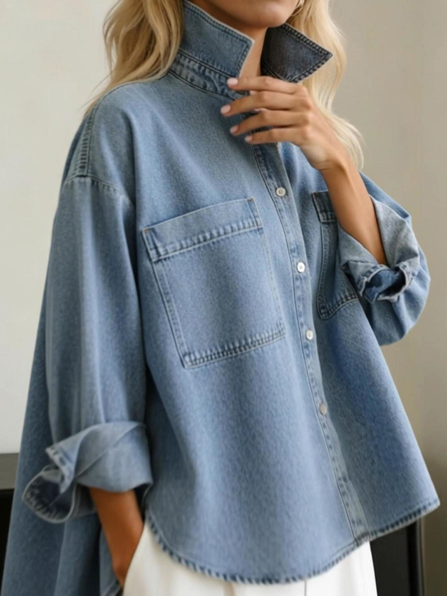 Casual Stand-collar Irregular Hem Denim Shirt Top