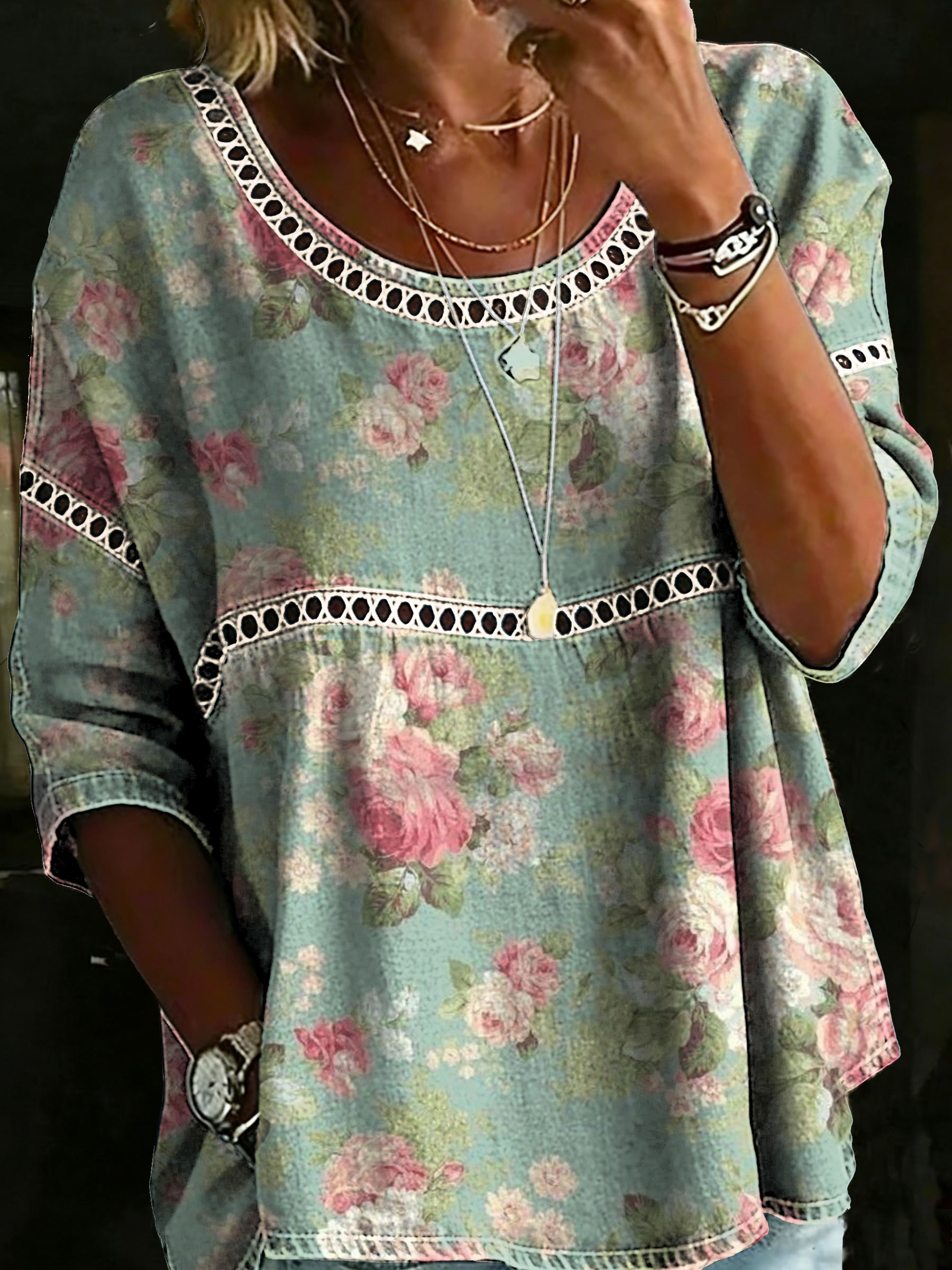 Women's Vintage Flower Casual Loose Denim Blouse Shirt