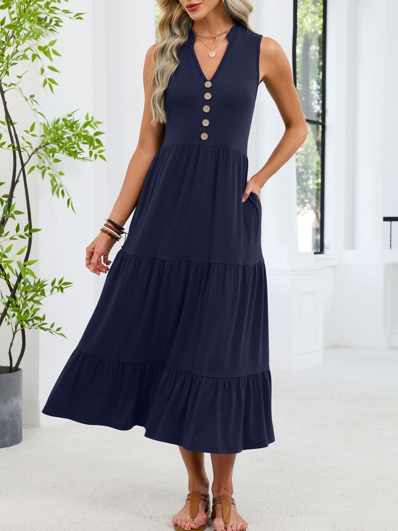 Ruffled Notched Tiered Midi Dress