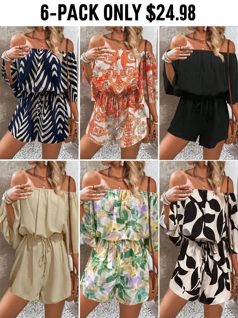 Women's Leaf Print Off Shoulder Tie Front Romper