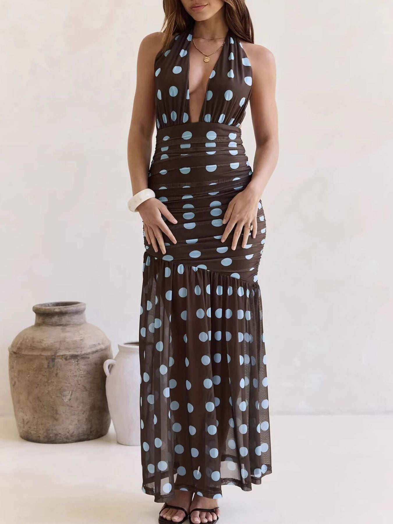 Polka Dot Halter Ruched Maxi Dress