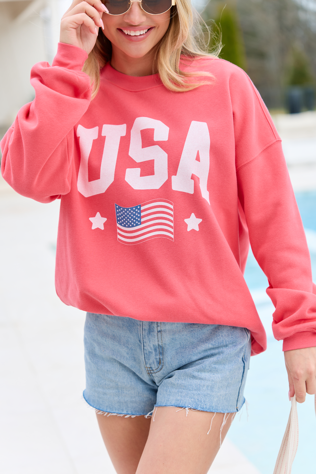 USA Flag Light Red Oversized Graphic Sweatshirt
