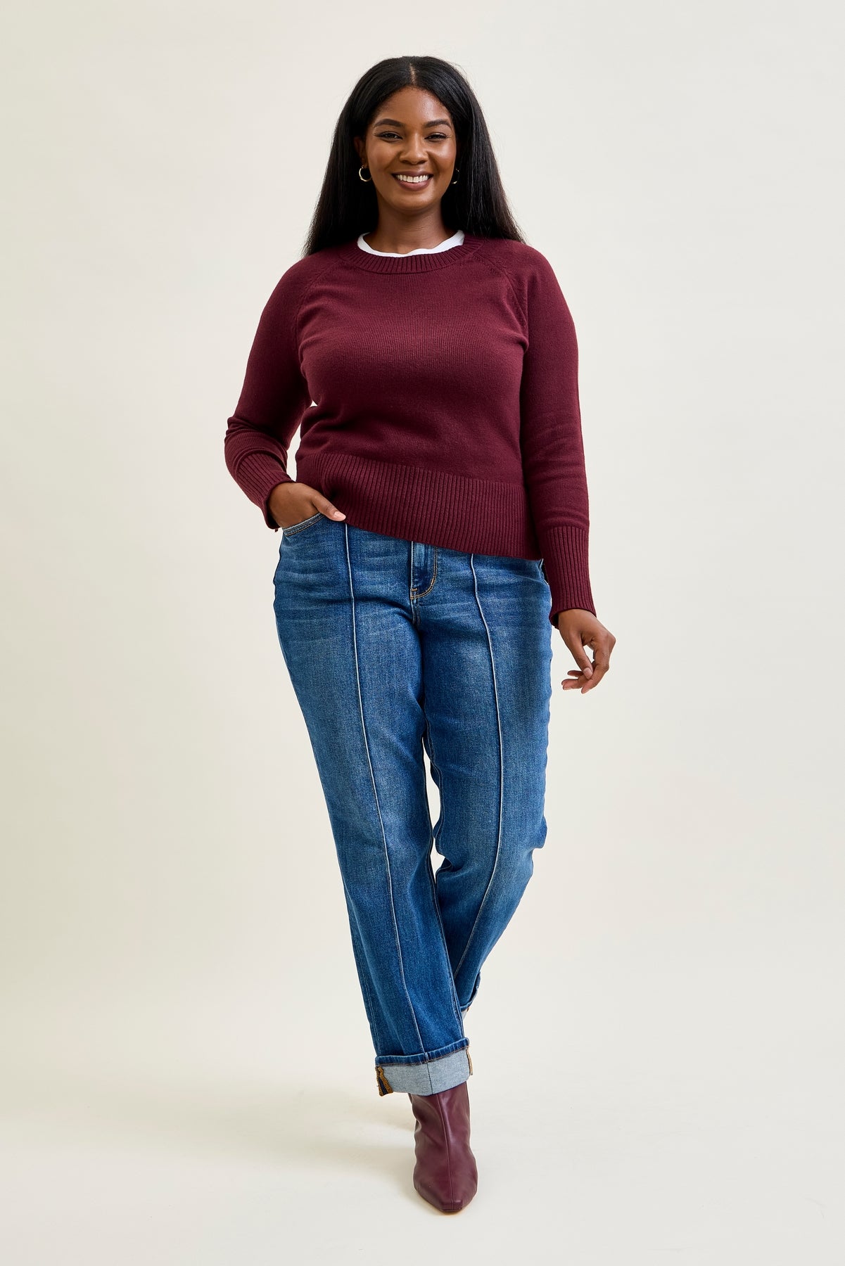 Sally High Rise Front Seam Detail & Cuffed Straight Fit Jeans - PLUS