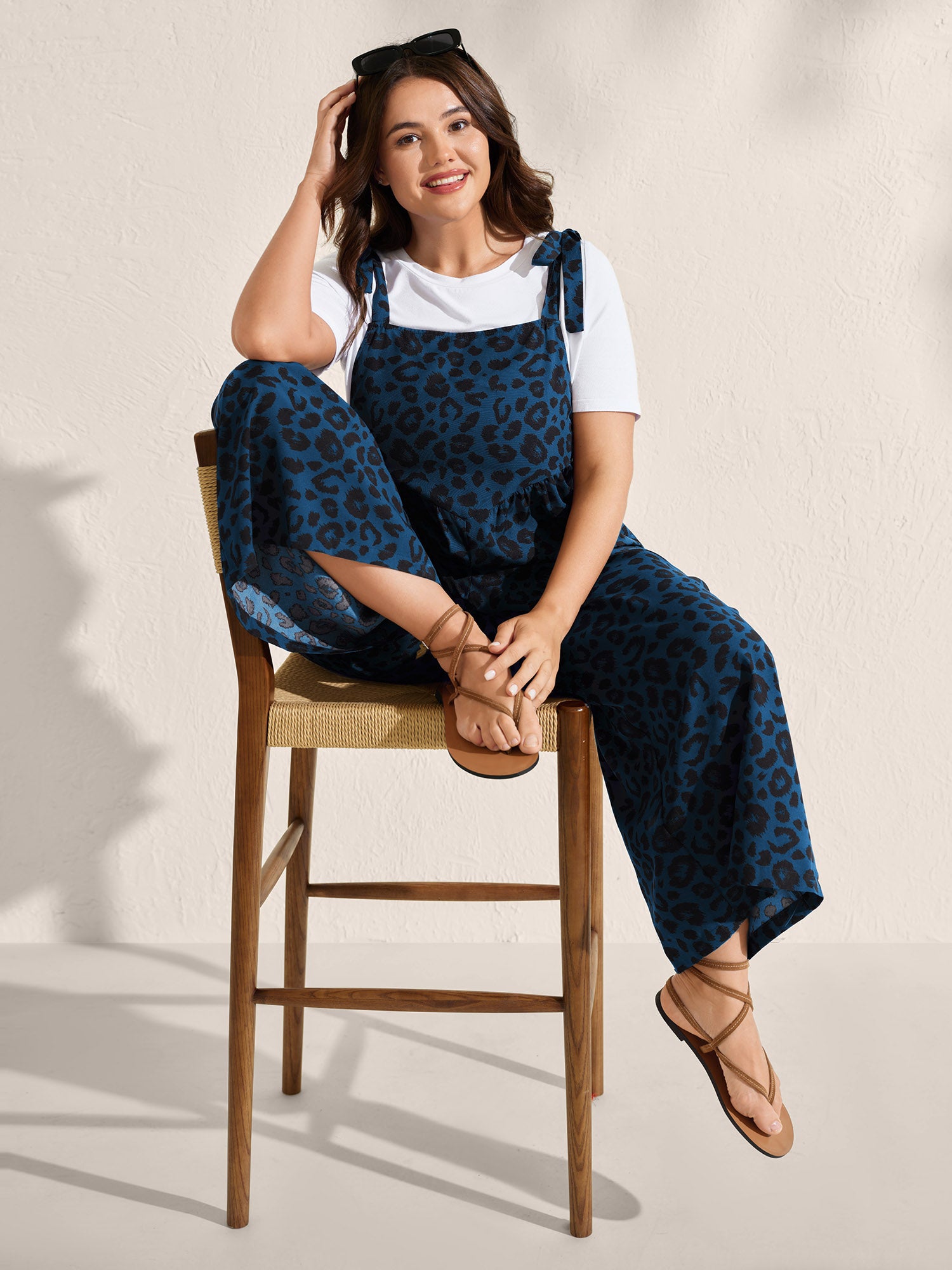 Leopard Print Pockets Shoulder Ties Jumpsuit