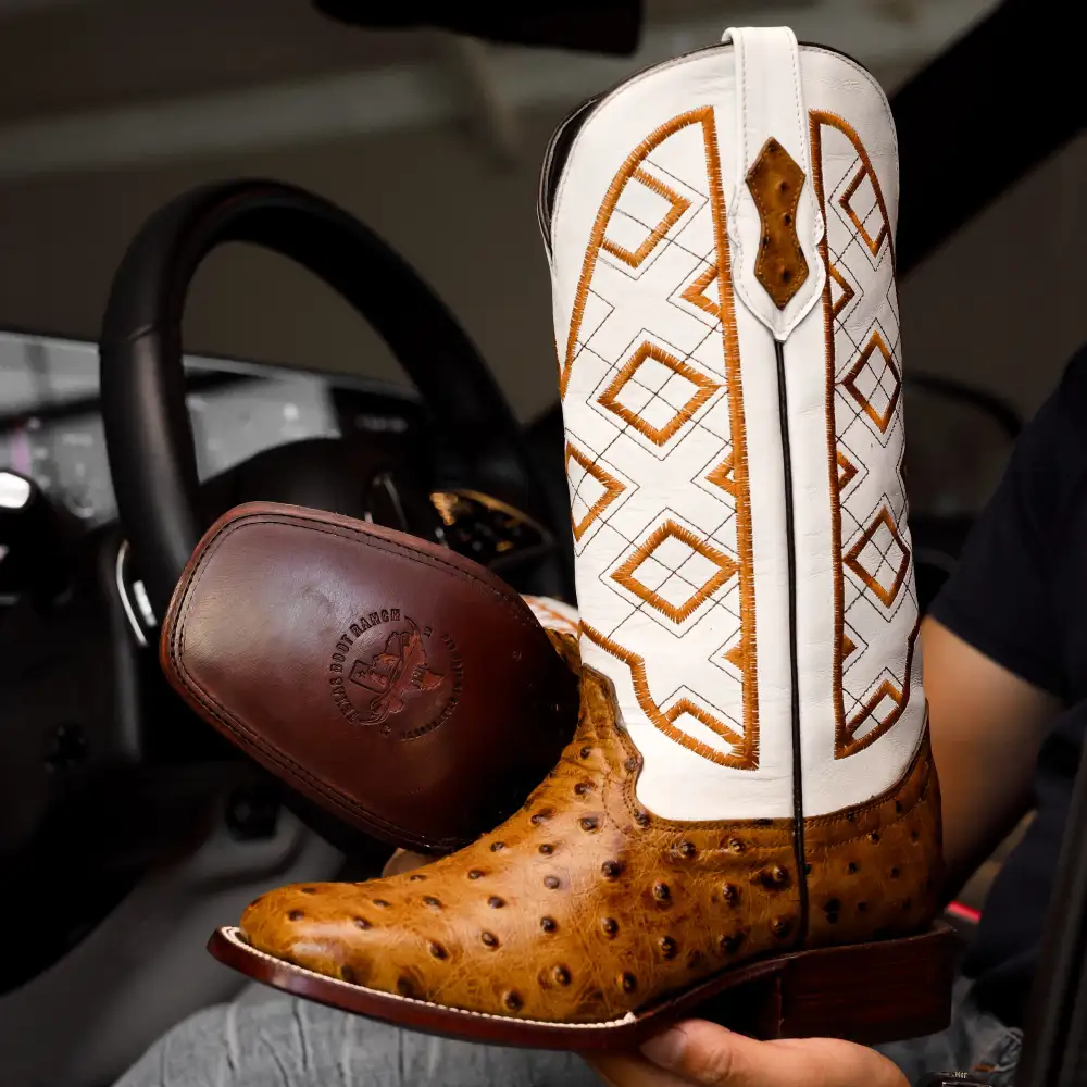Honey Ostrich Leather Boots - Square Toe