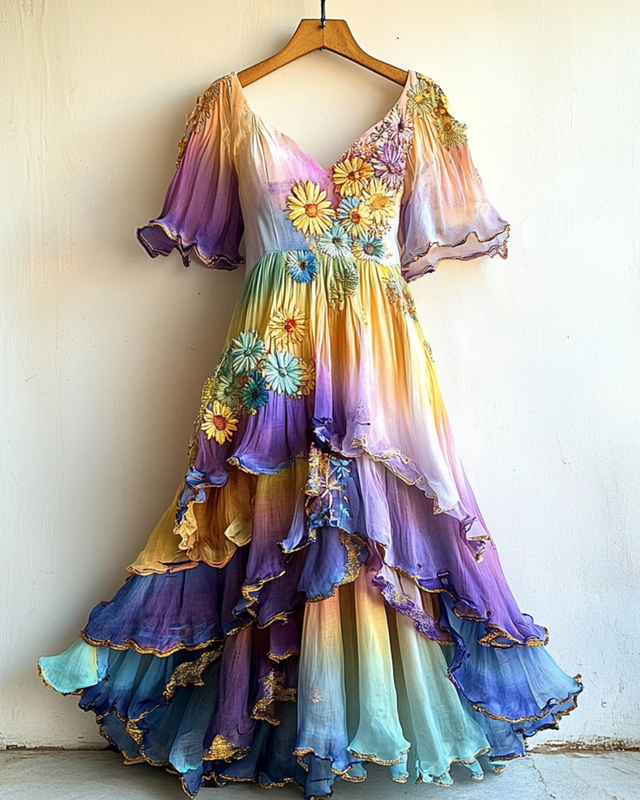 Gilded Ruffled Daisy Embroidery Gradient Irregular Dress df21