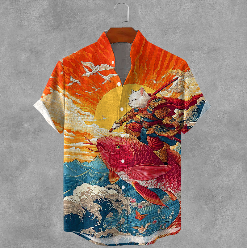 Men's Warrior White Cat Riding A Koi Japanese Art Print Short Sleeve Shirt