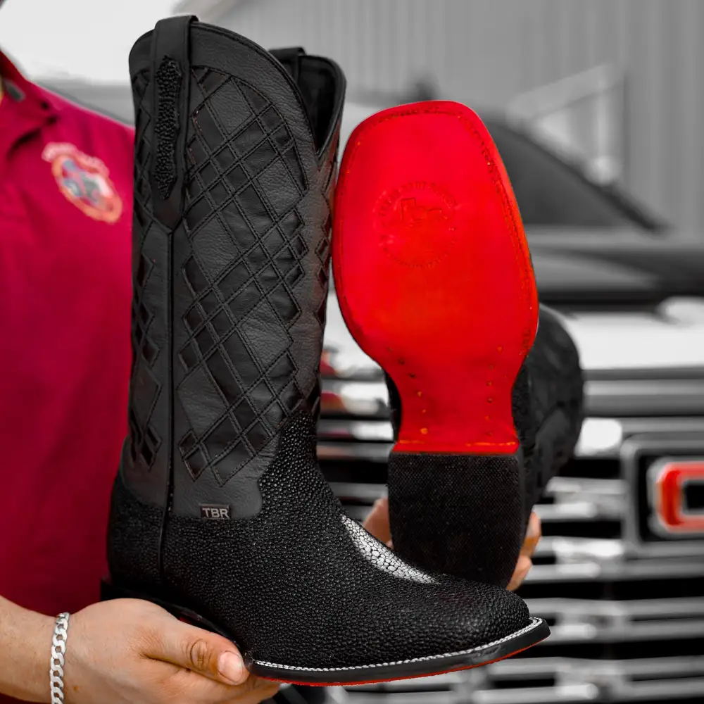 Black Stingray Leather Boots - Square Toe