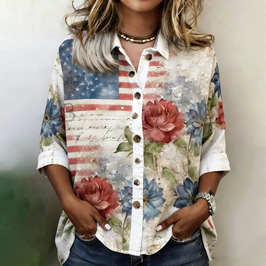 Women'S Flag Flower Printed Cotton And Linen Shirt
