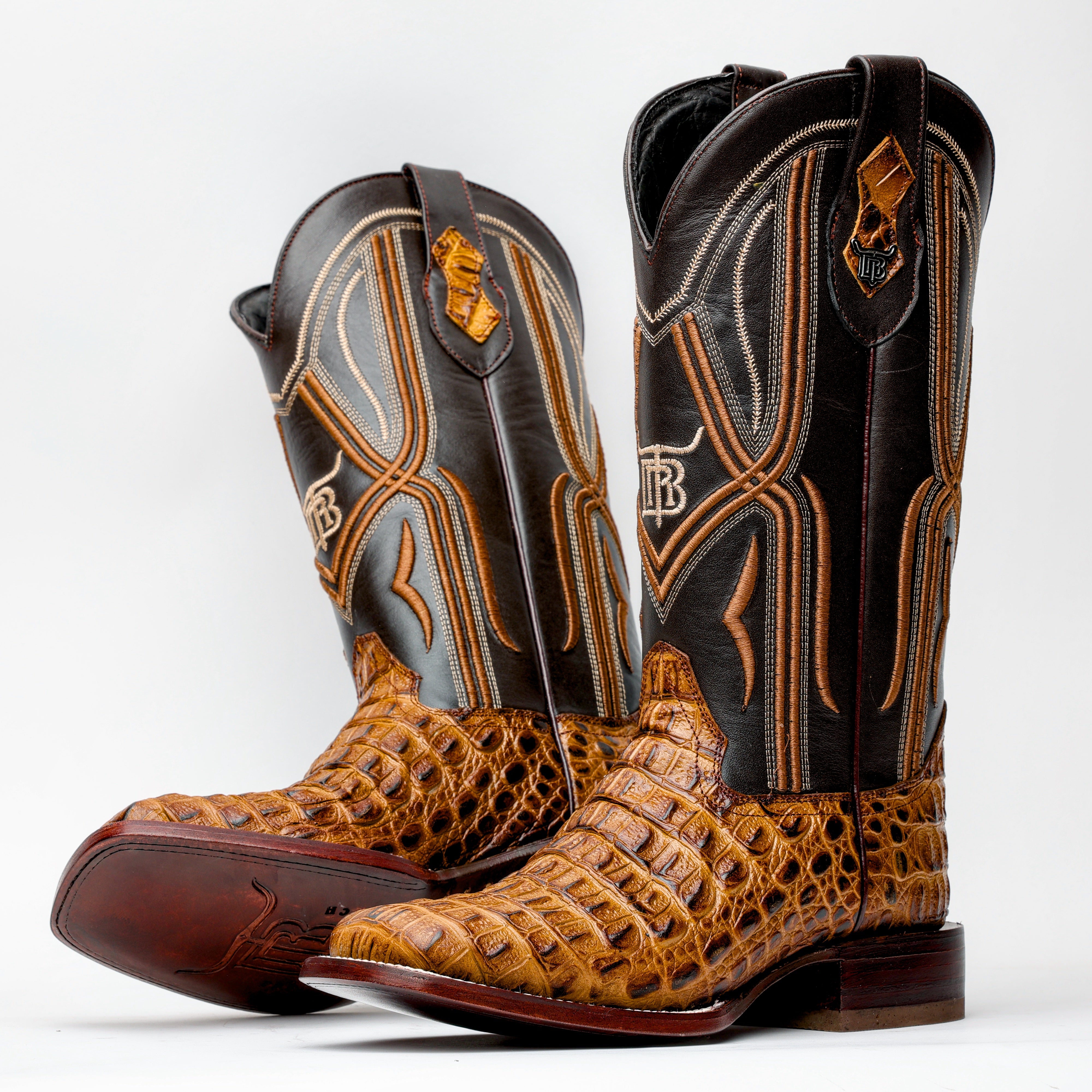 Honey Caiman Hornback Leather Boots - Square Toe