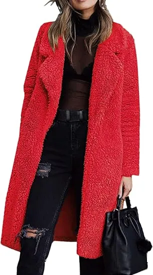 Women's Fuzzy Fleece Lapel Open Front Long Cardigan Coat Faux Fur Warm Winter Outwear Jackets Clothing Set