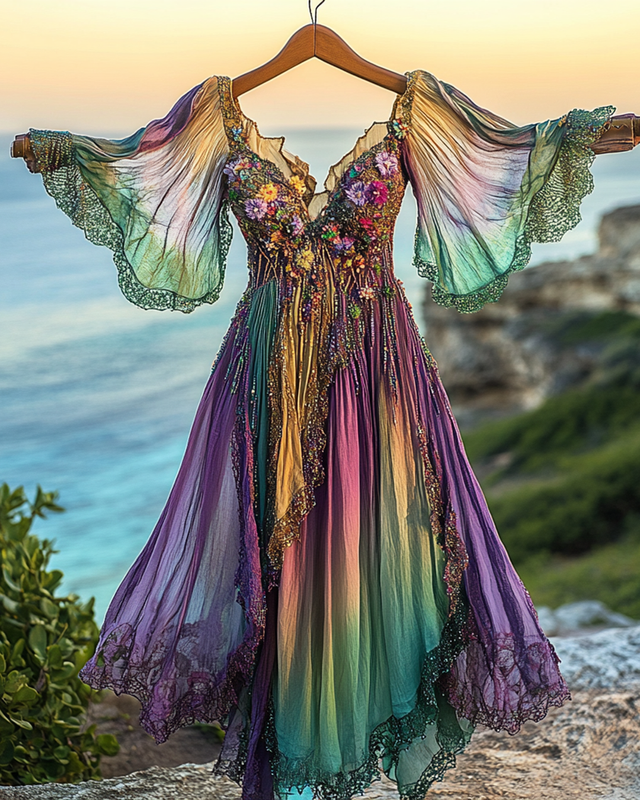 Summer Vacation Floral Embroidery Sequins Beaded Ruffle Dress 97c2