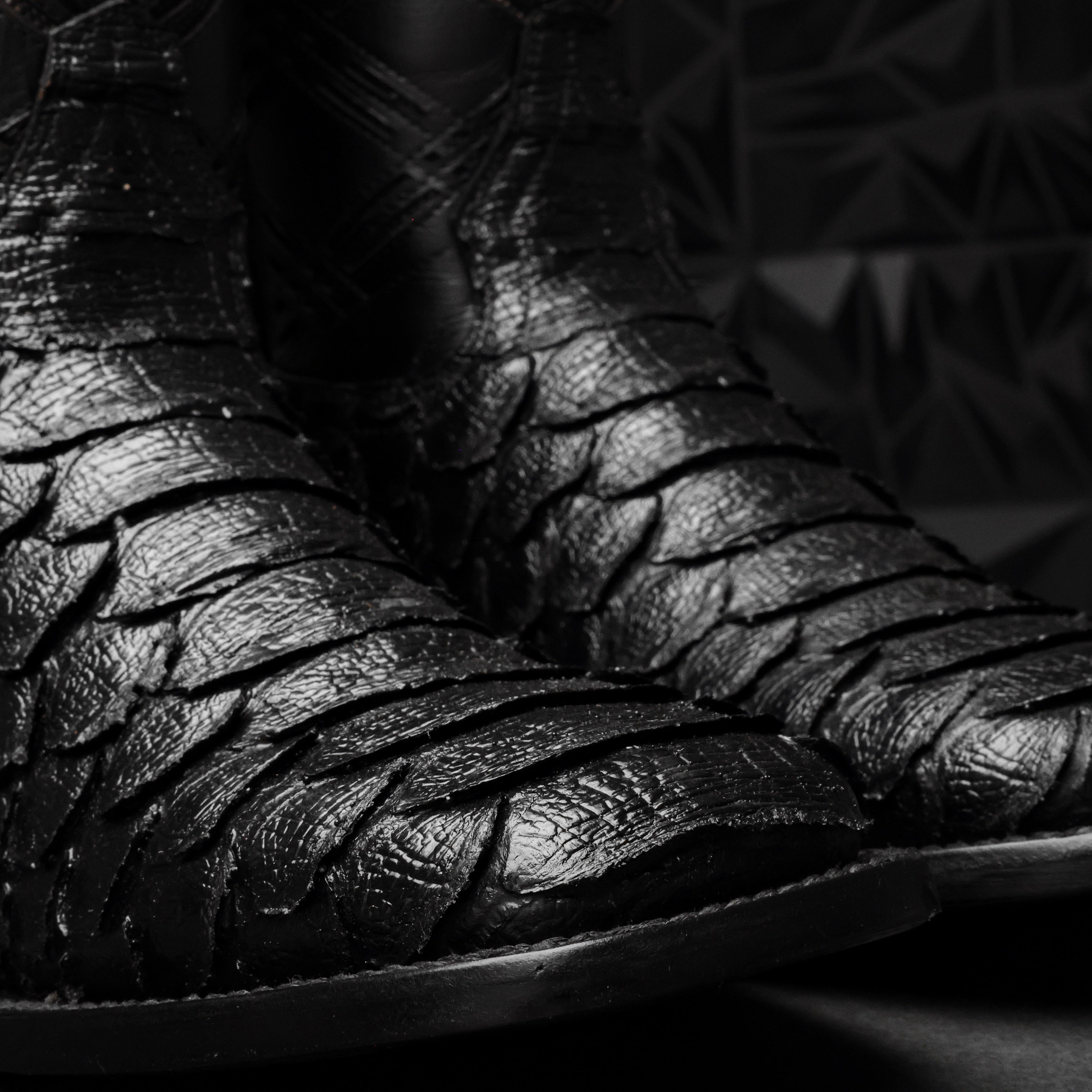 TOTAL BLACK Python Leather Boots - Square Toe