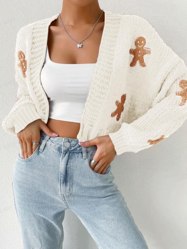 Women's Gingerbread Sweater Cartoon Drop Shoulder Cropped Christmas Cardigan