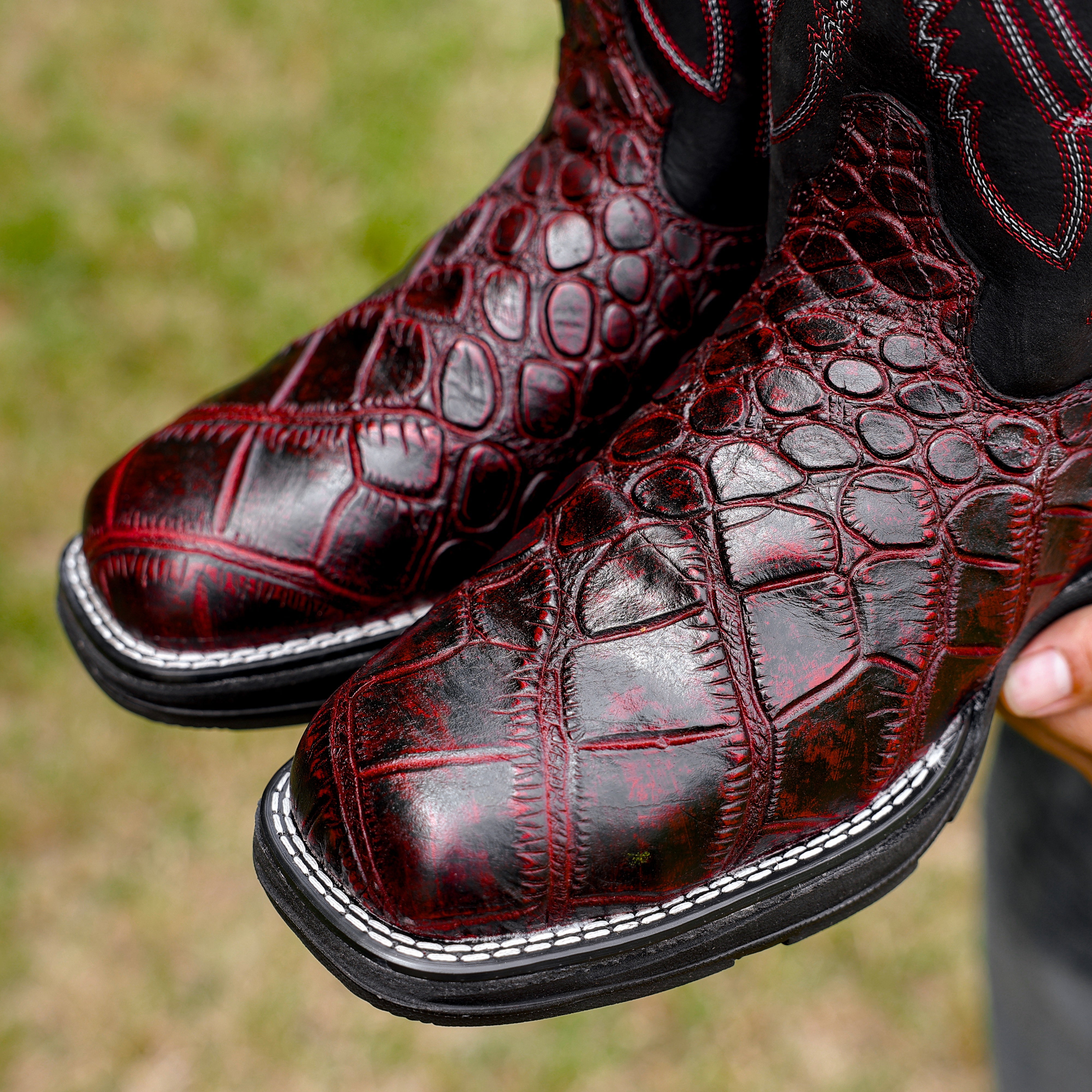 Black Cherry Caiman Belly Leather Boots With 3D Lightweight Sole - Composite Toe
