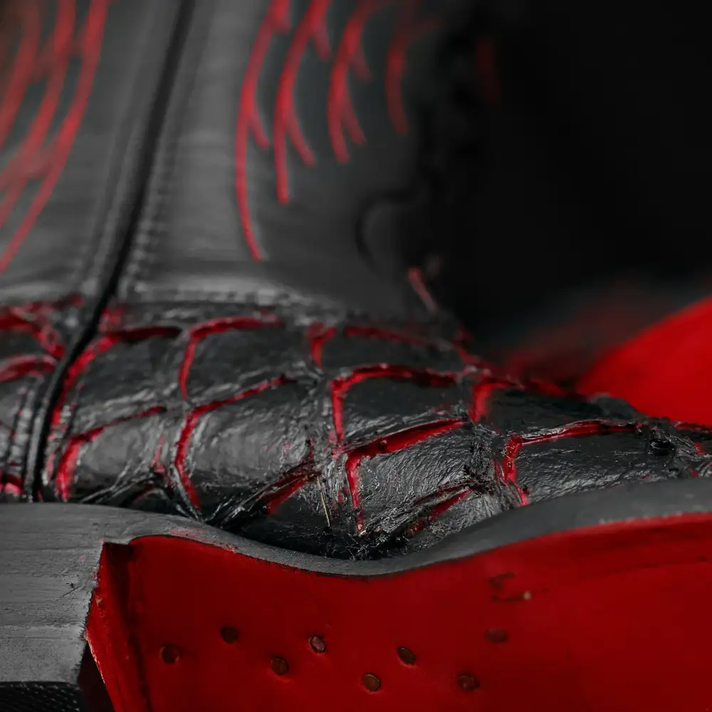 Black/Red TBR Pirarucu Leather Boots - Square Toe