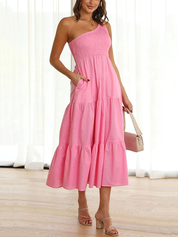 Pleated Solid Color Loose One-shoulder Midi Dresses
