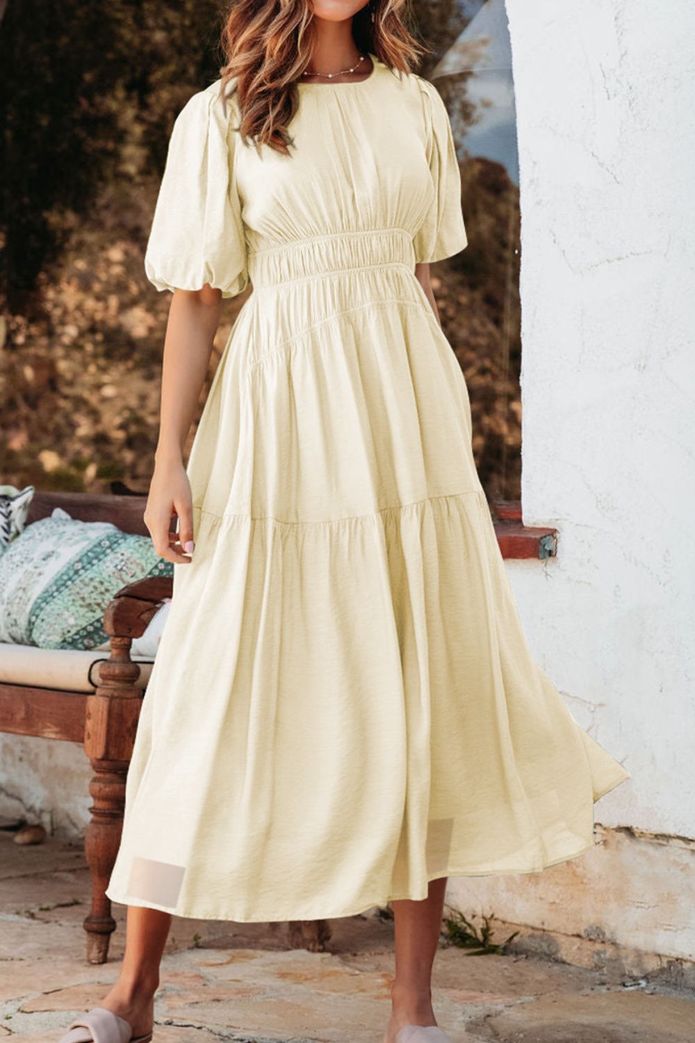 Puff Sleeve Pleated High Waist Flowy Midi Dress