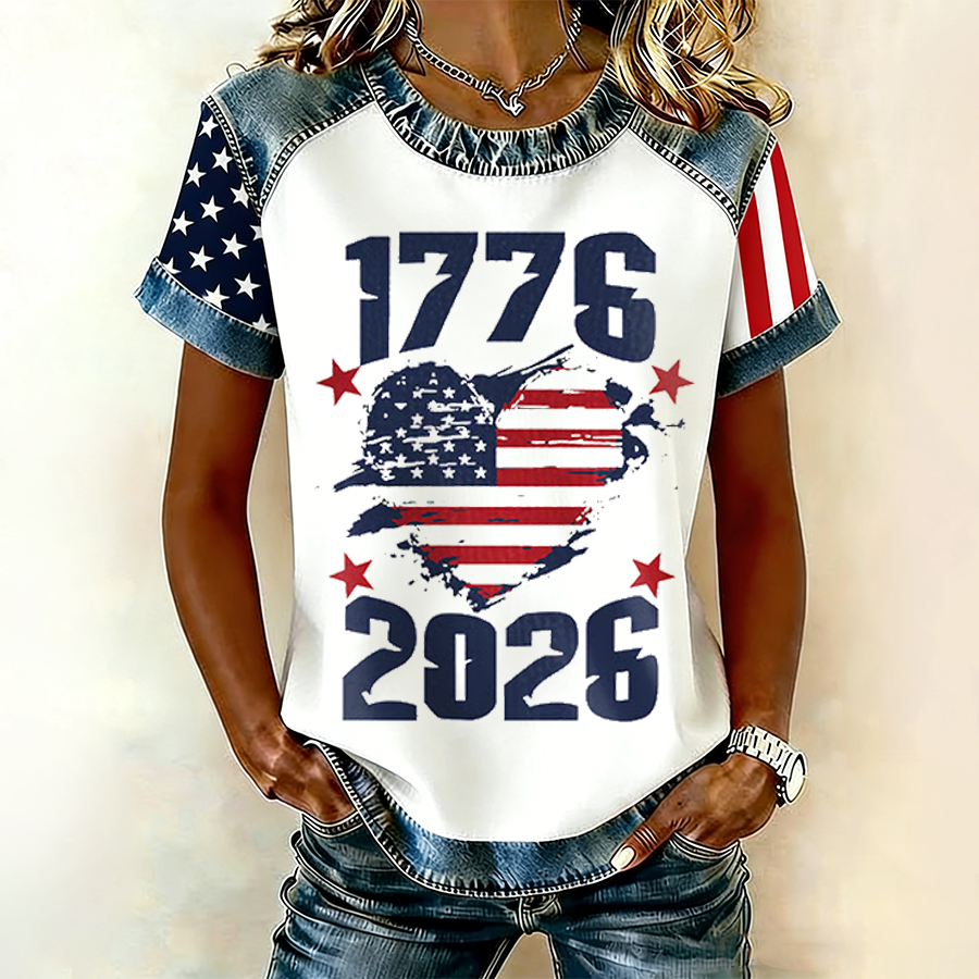 Women's Denim Raglan Sleeve Distressed Heart 1776-2026 T-Shirt