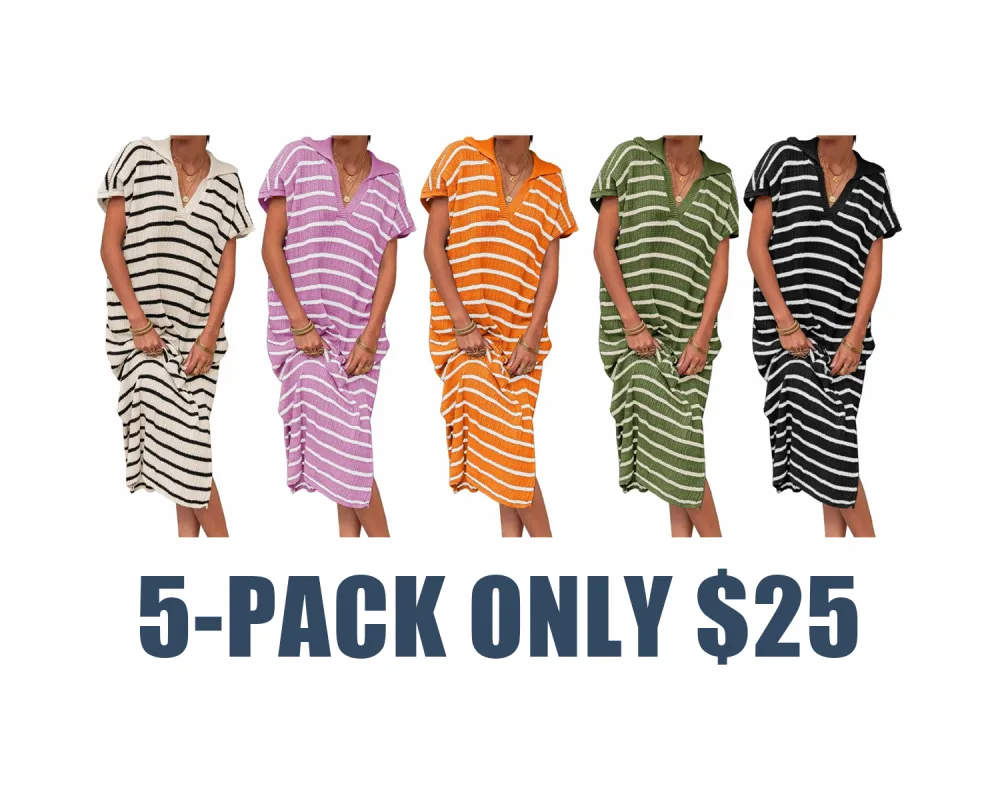 Women's Striped Summer Dress – V-Neck Short Sleeve Knit Collar Loose Maxi Dress with Slit