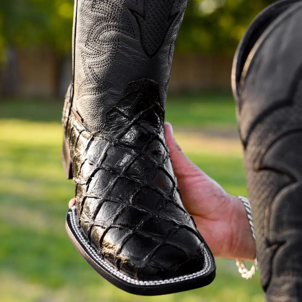 Black Pirarucu Leather Boots - Square Toe