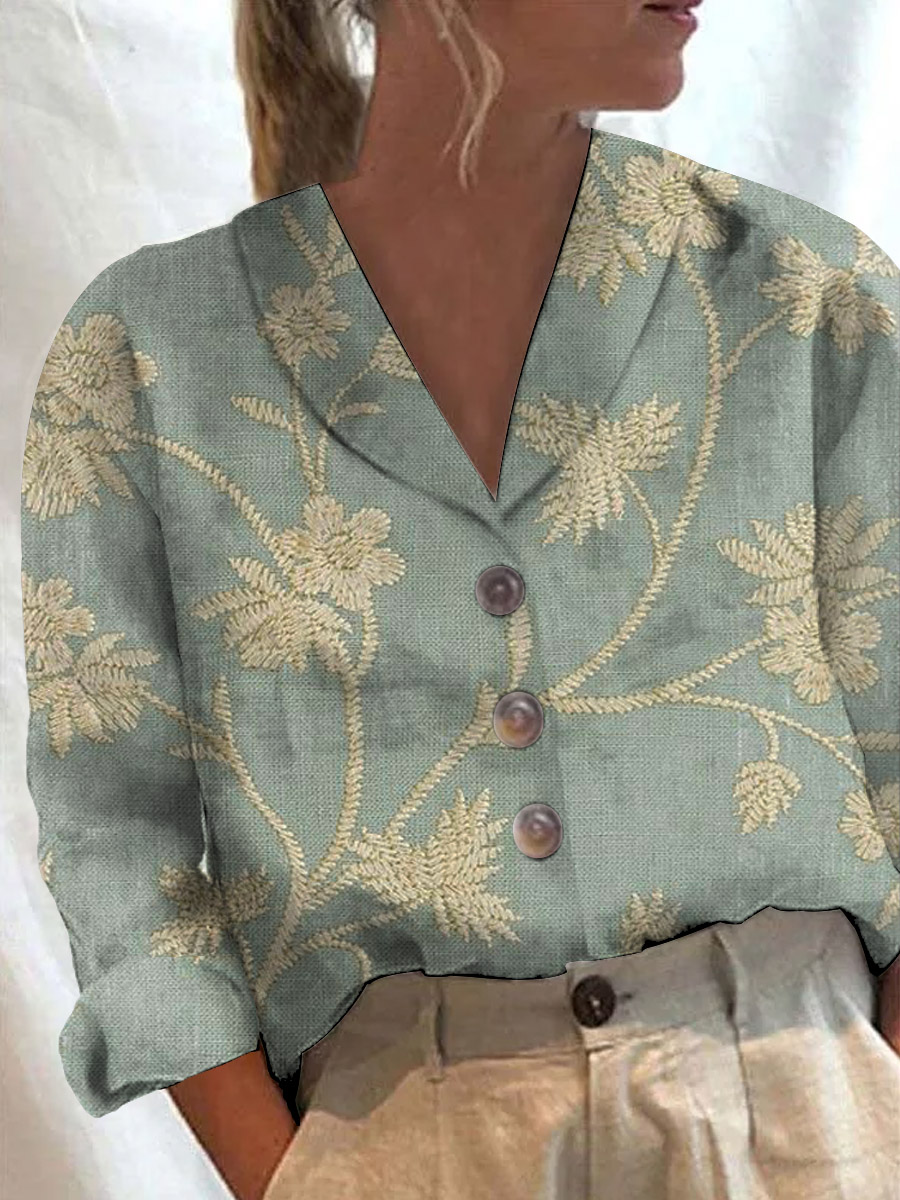 Women's Retro Floral Art Print Casual Cotton Casual Blouse