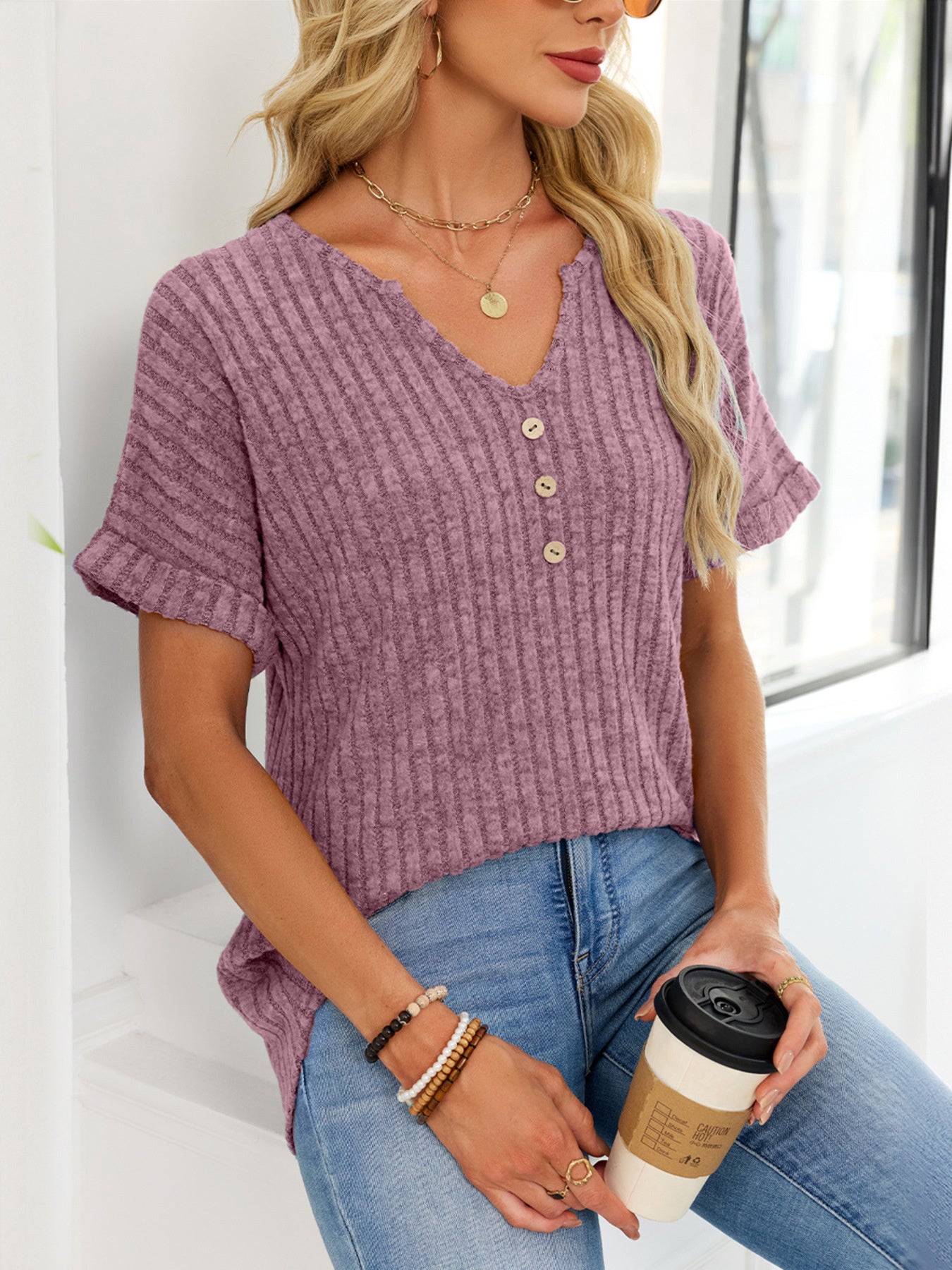 Ribbed Knit Short Sleeve T-Shirt