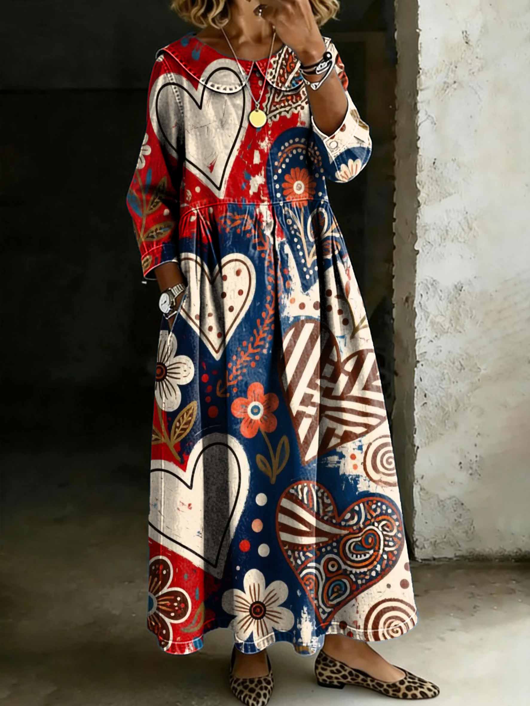 Women's Red Blue Hearts Art Print Lapel Collar Pleated Long Sleeve Casual Loose Denim Dress