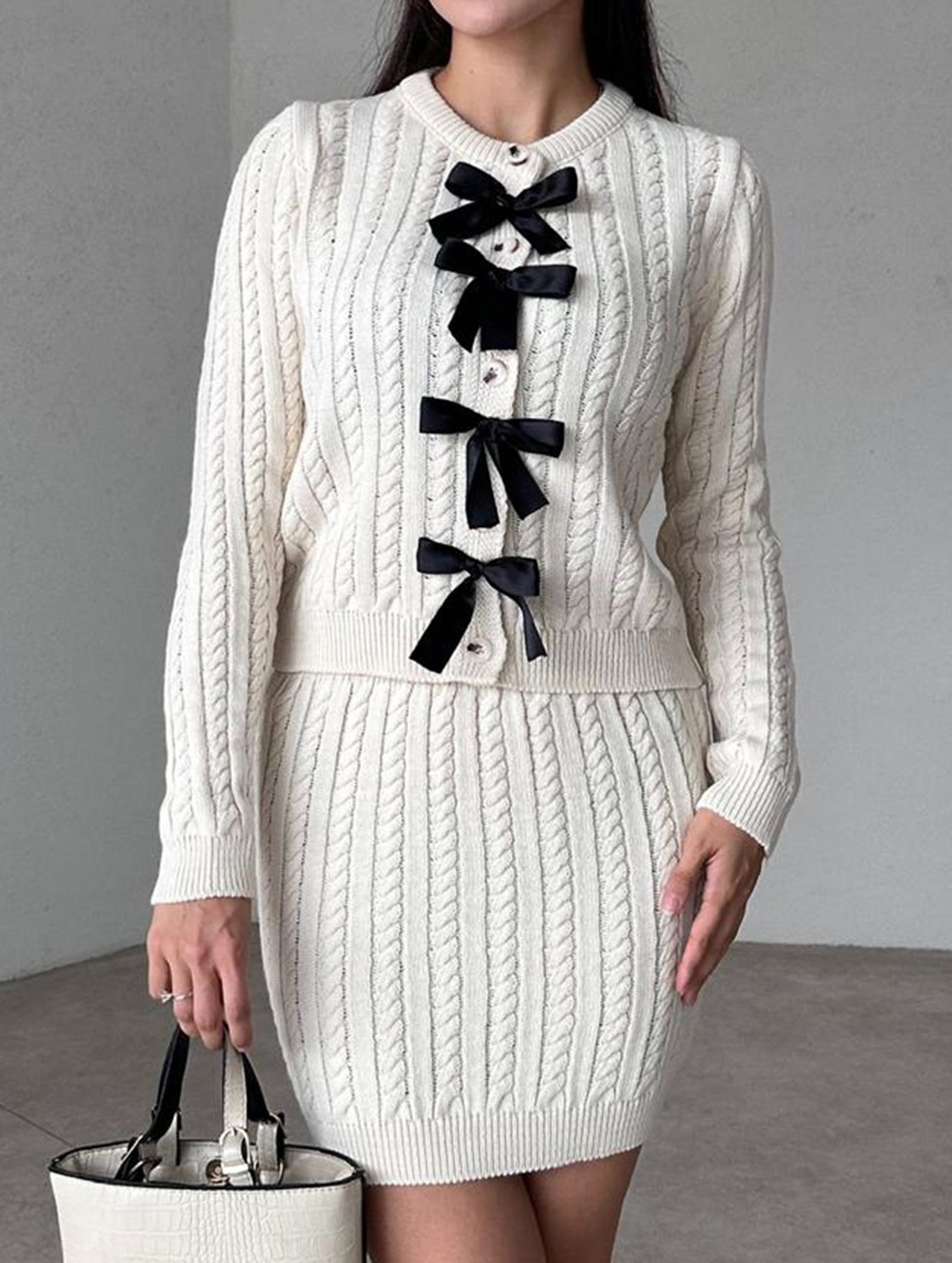 Cable Knit Cardigan Skirt Two Piece Set_CWSTB01065