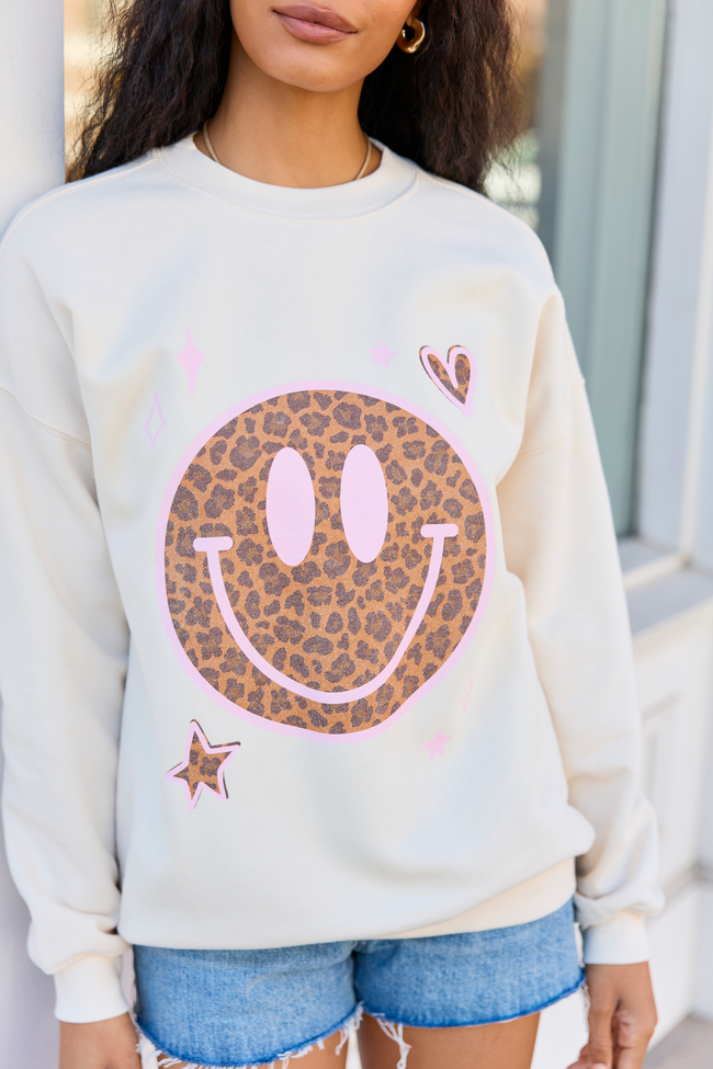 Leopard Smiley Face Cream Graphic Sweatshirt