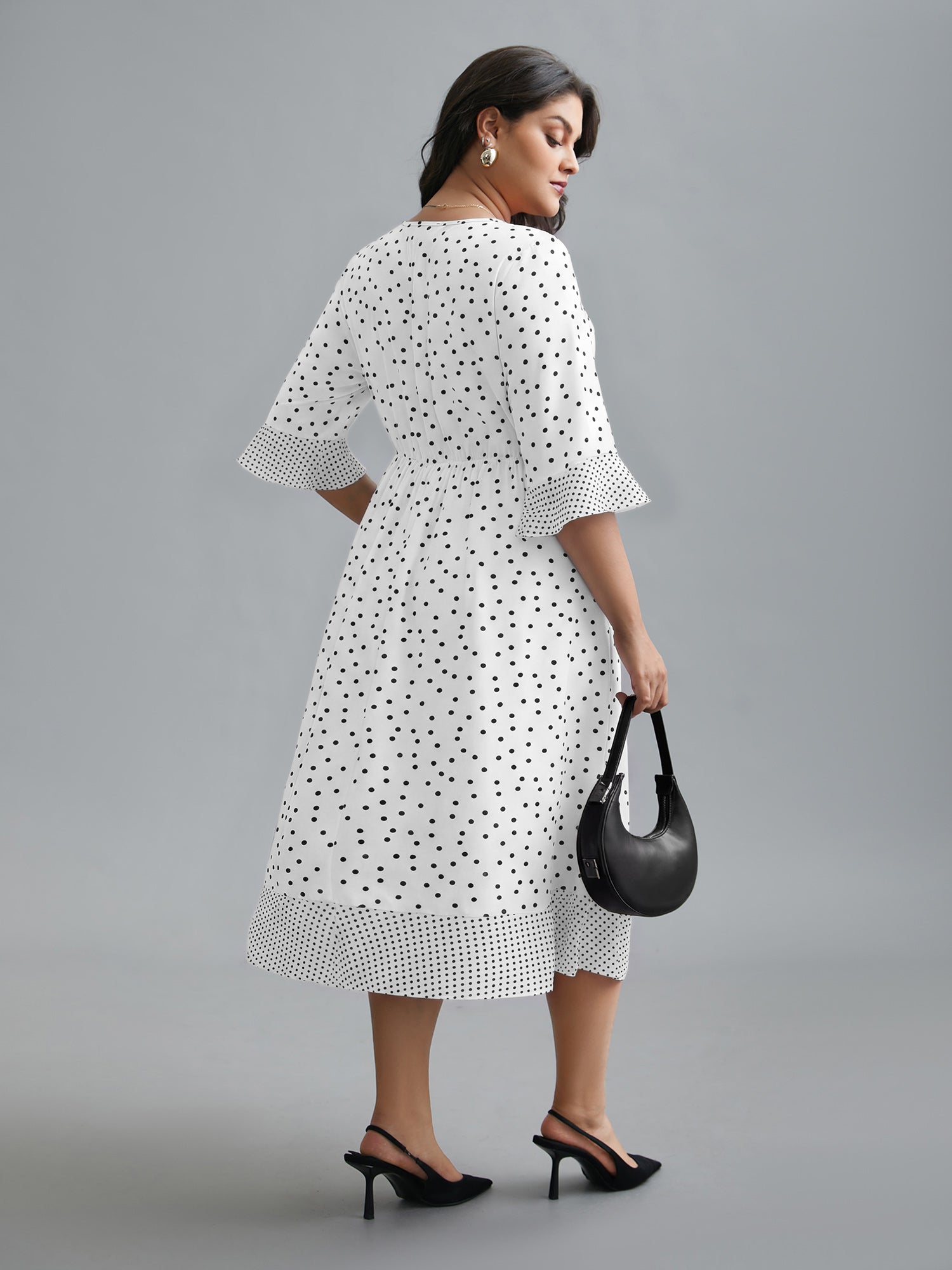 Crew Neck Polka Dot Waist Cinched Dress
