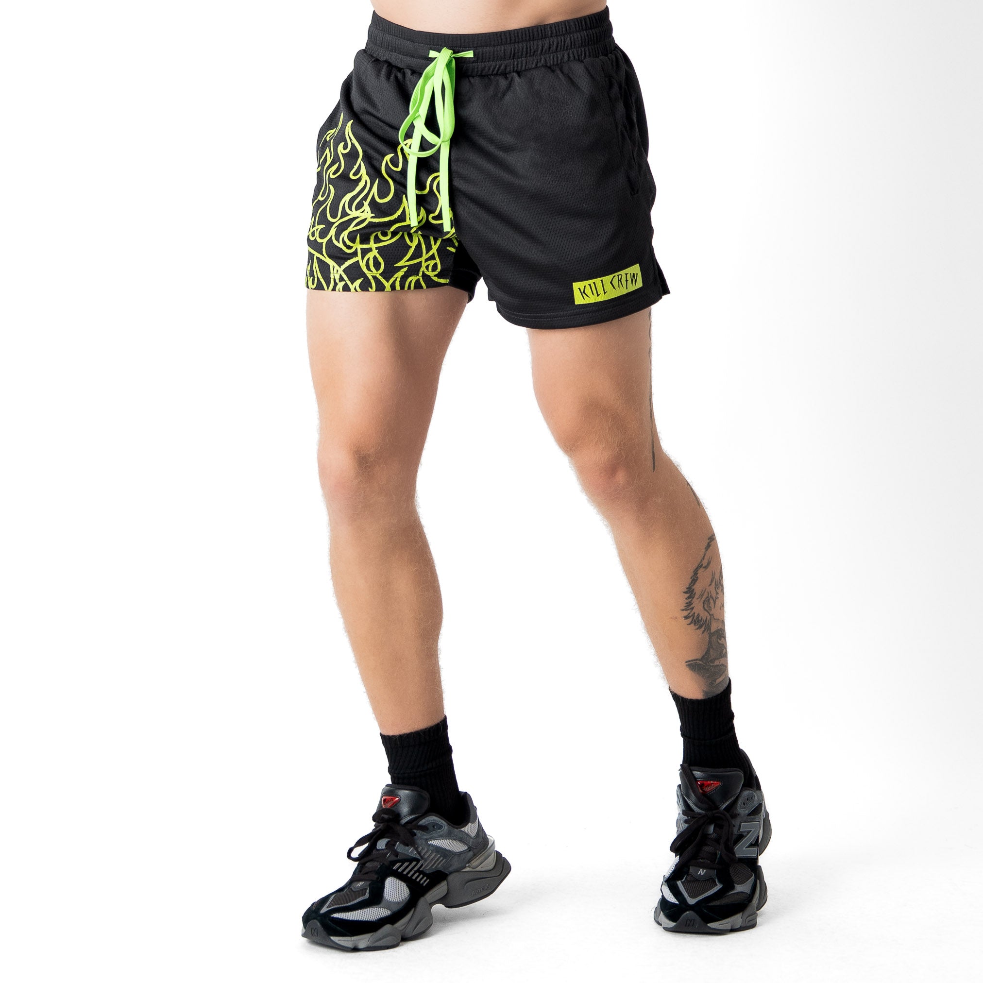 MUAY THAI FLAME SHORTS (MID THIGH CUT) - BLACK / NEON GREEN