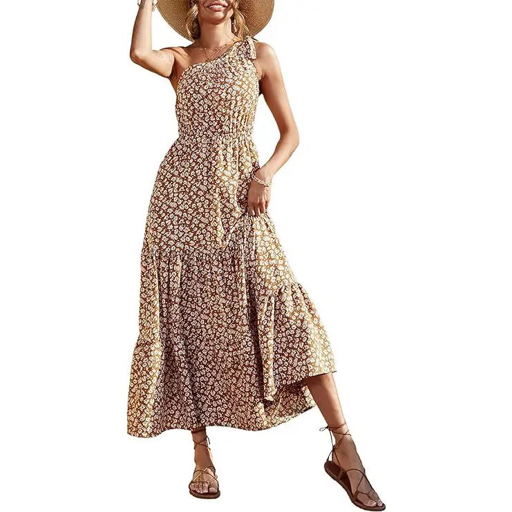 PrettyGarden Boho Chic Floral Maxi Dress - One Shoulder, Ruffle, Sleeveless, Flowing Summer Beach Wedding Guest Dress- Womenswear