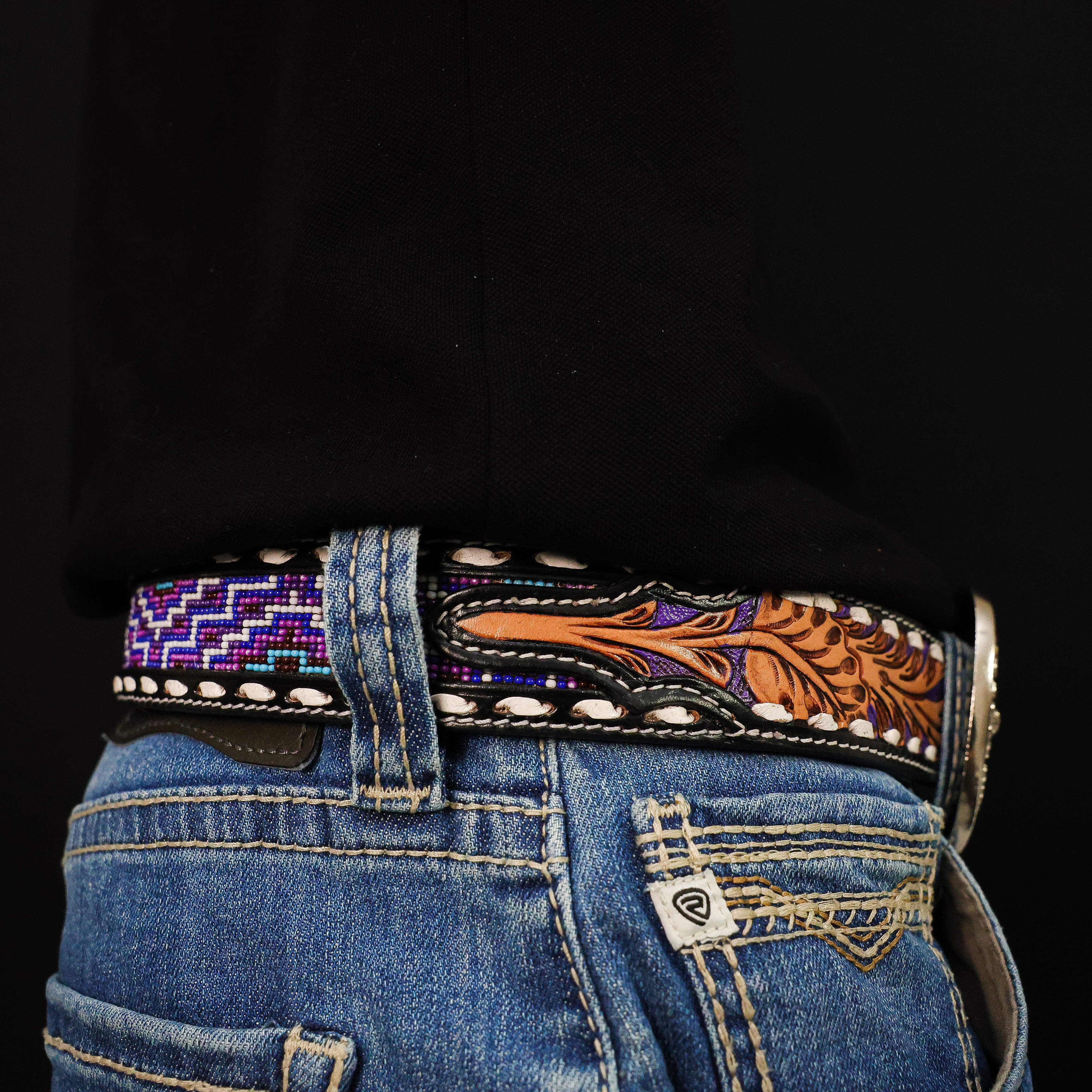 Hand-Tooled Artesanal Beaded Leather Belt