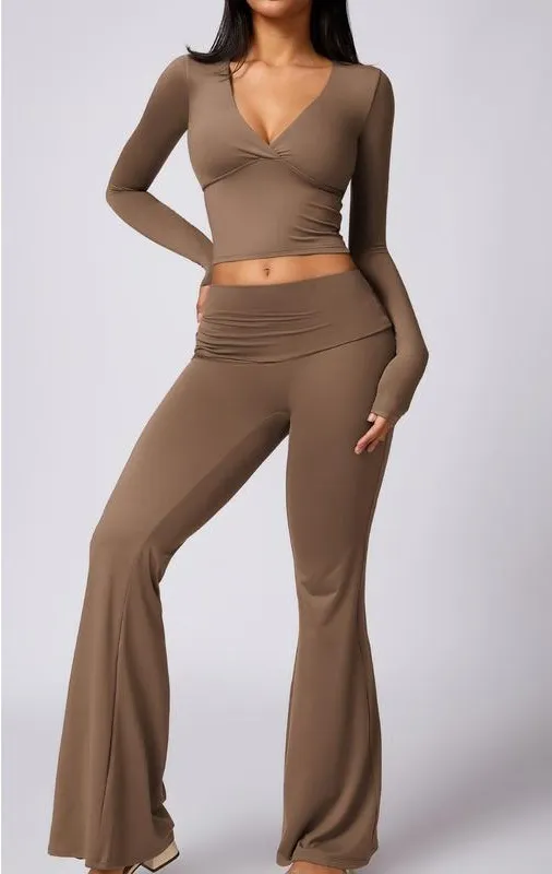Women's High Elastic Soft V-Collar Flared Pants Set