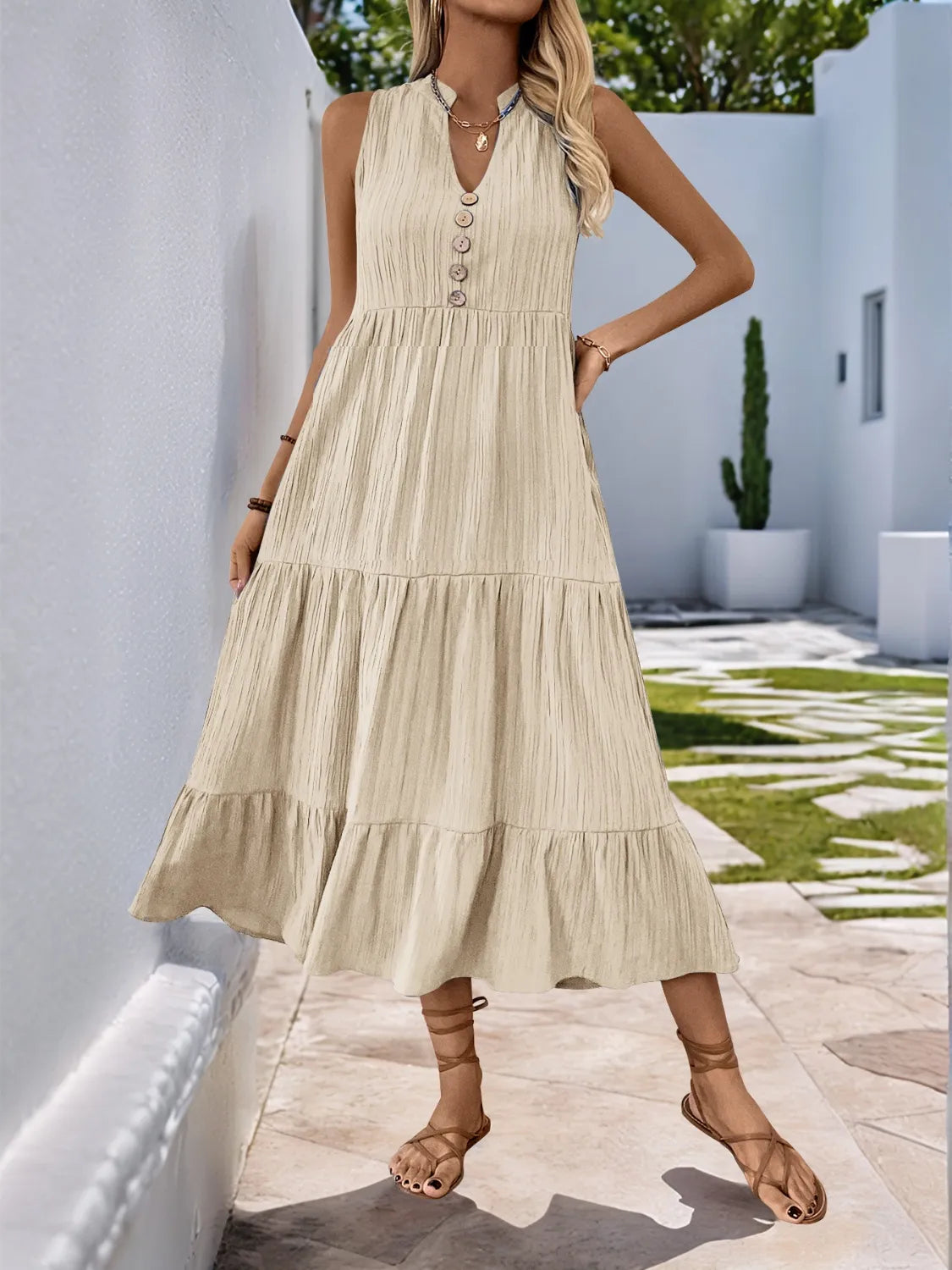 Notched Sleeveless Midi Tiered Dress