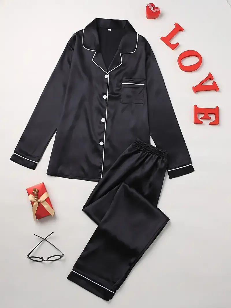 Solid Pajama Set, Long Sleeve Button Up Lapel Top & Pants Pj Set - Women's Sleepwear & Loungewear