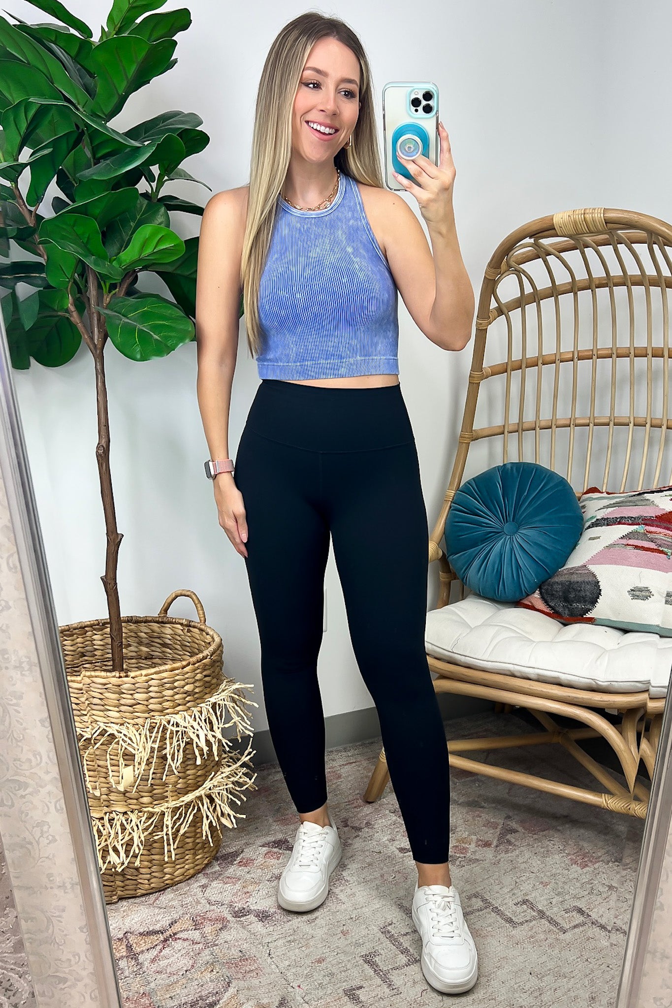 Washed Ribbed High Neck Cropped Tank Top