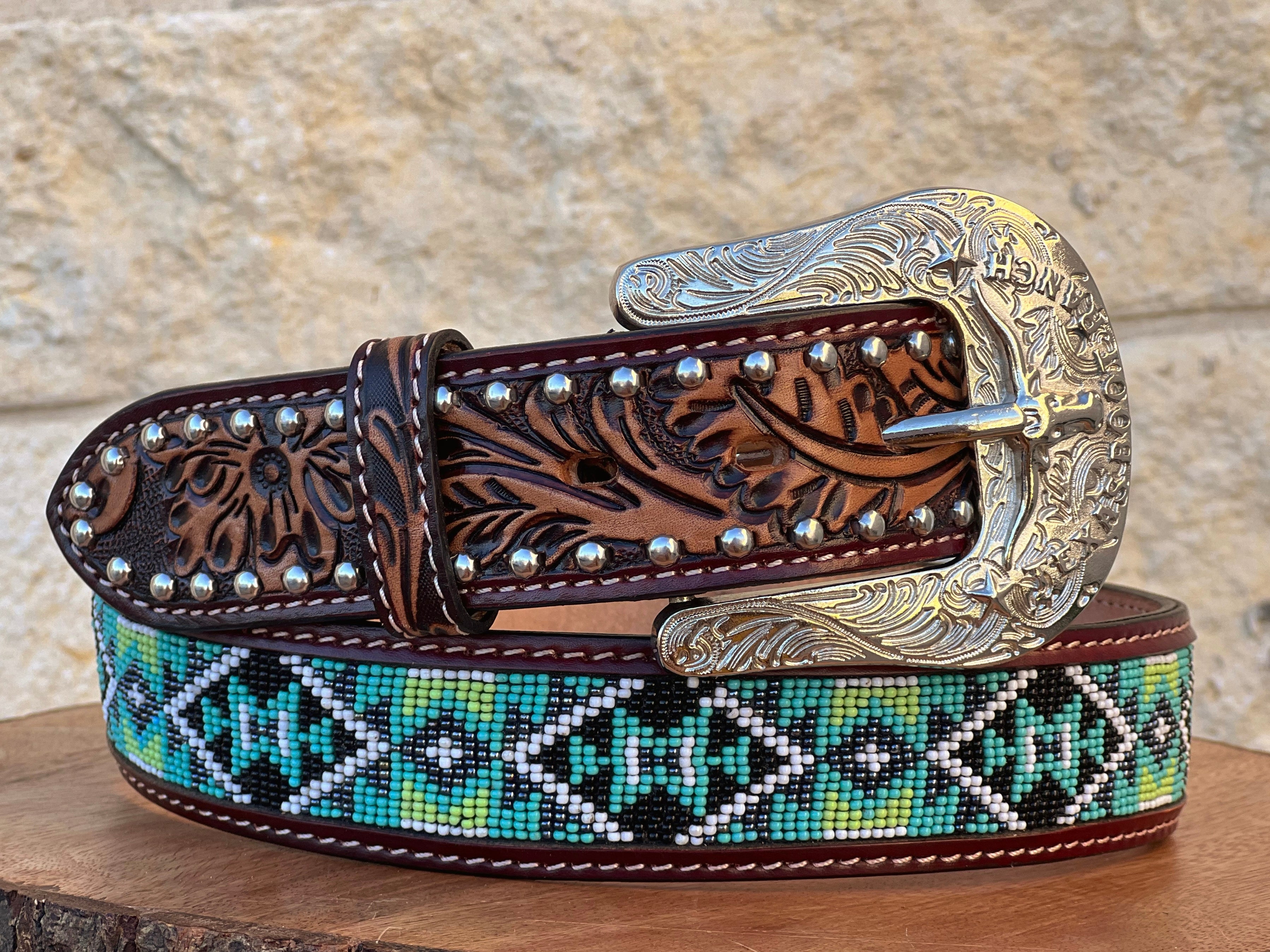 Honey Hand-Tooled Leather Artesanal Tabs With Silver Studs Green & White Beaded Belt