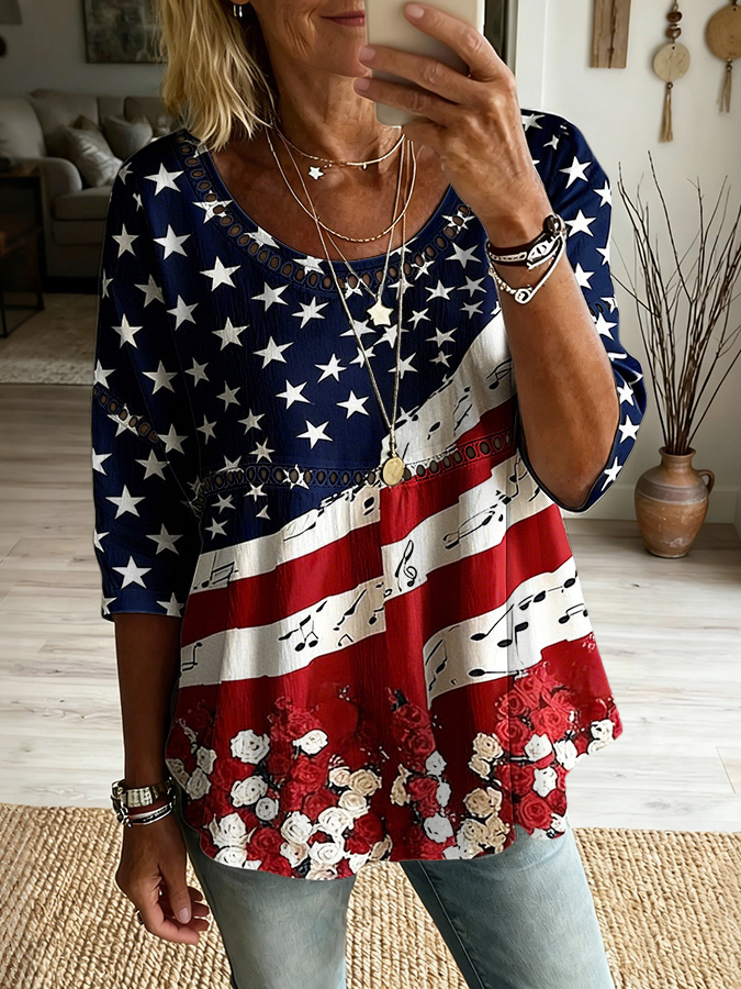 Women's American Flag Printed Cotton and Hemp Top